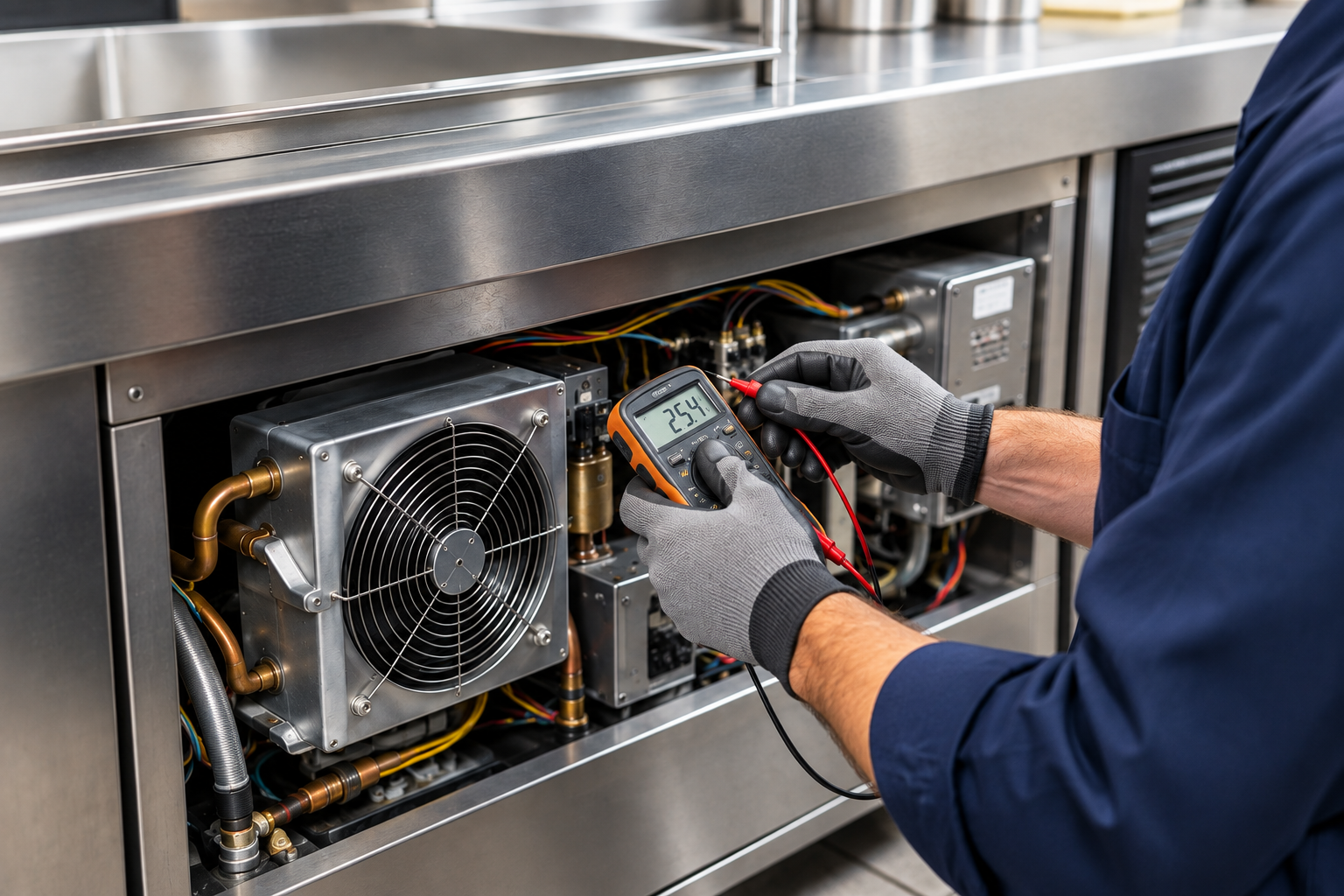 Technician testing a commercial reach-in refrigeration system with a digital multimeter