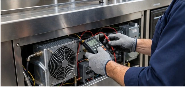 Technician diagnosing a commercial refrigerated prep table