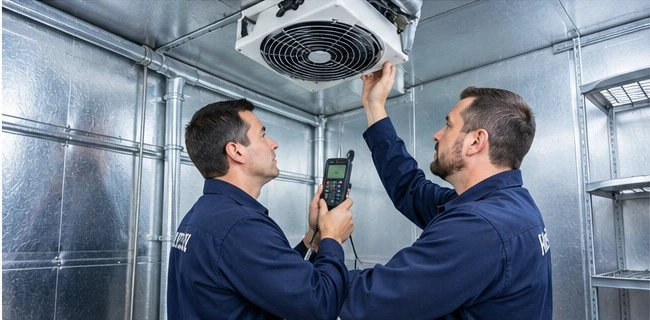 Technicians inspecting a commercial walk-in refrigeration evaporator