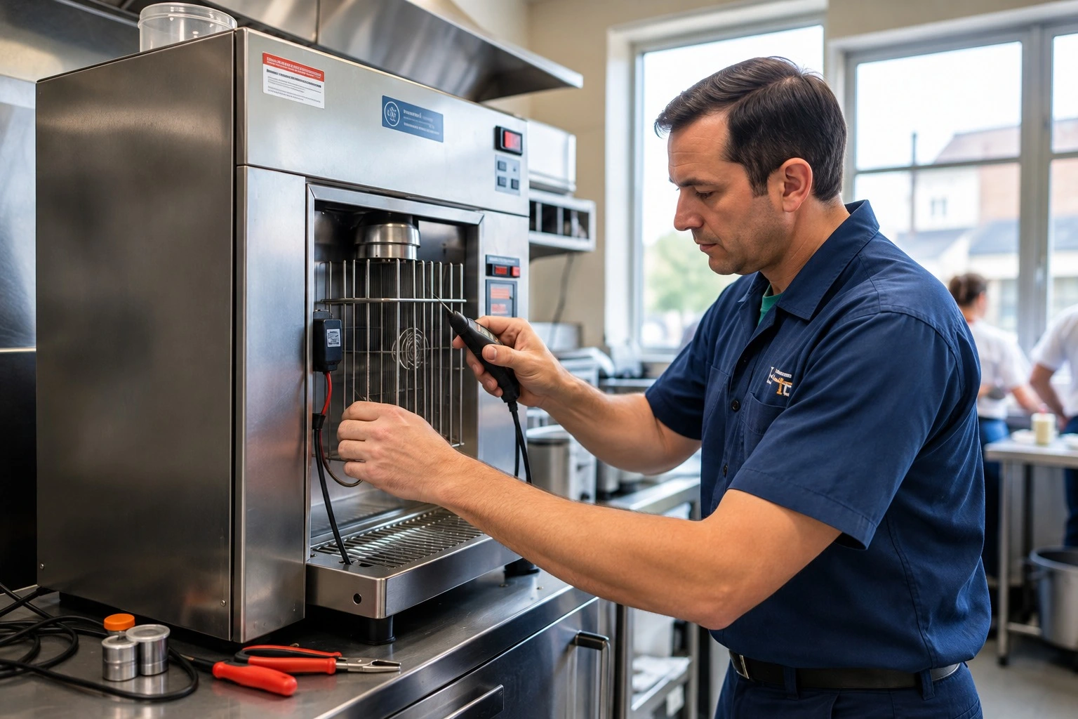 Commercial ice machine technician diagnosing refrigeration components