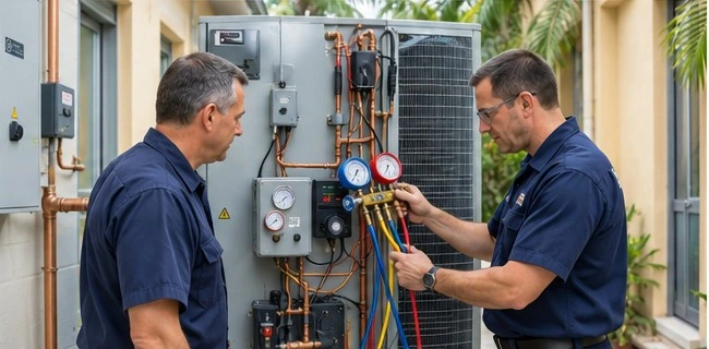 Technicians diagnosing a commercial refrigeration condensing unit