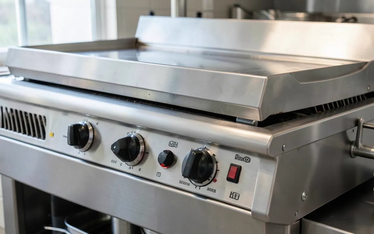 Controls on a commercial stainless steel griddle in a restaurant kitchen