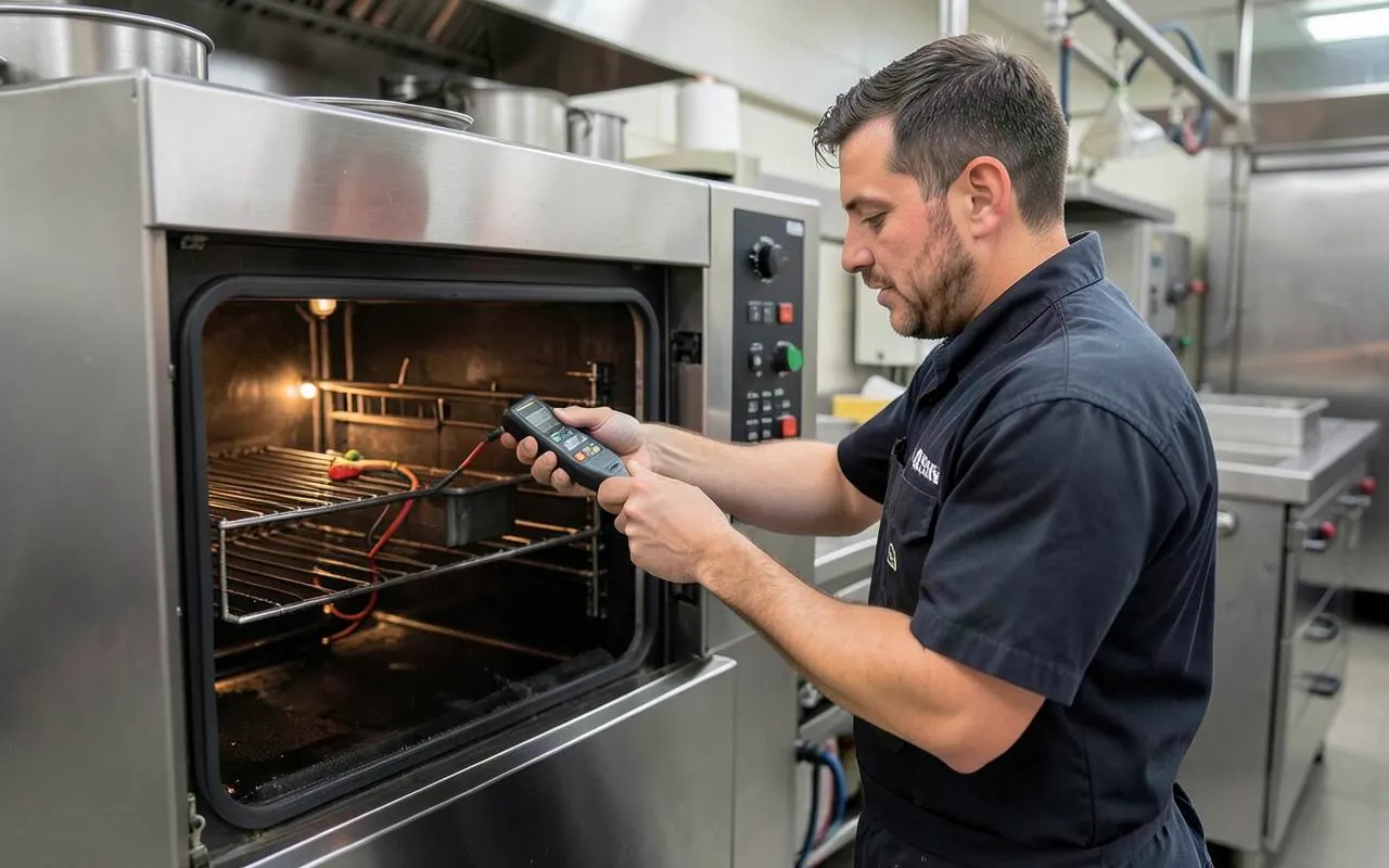 Technician diagnosing the controls of a commercial kitchen oven
