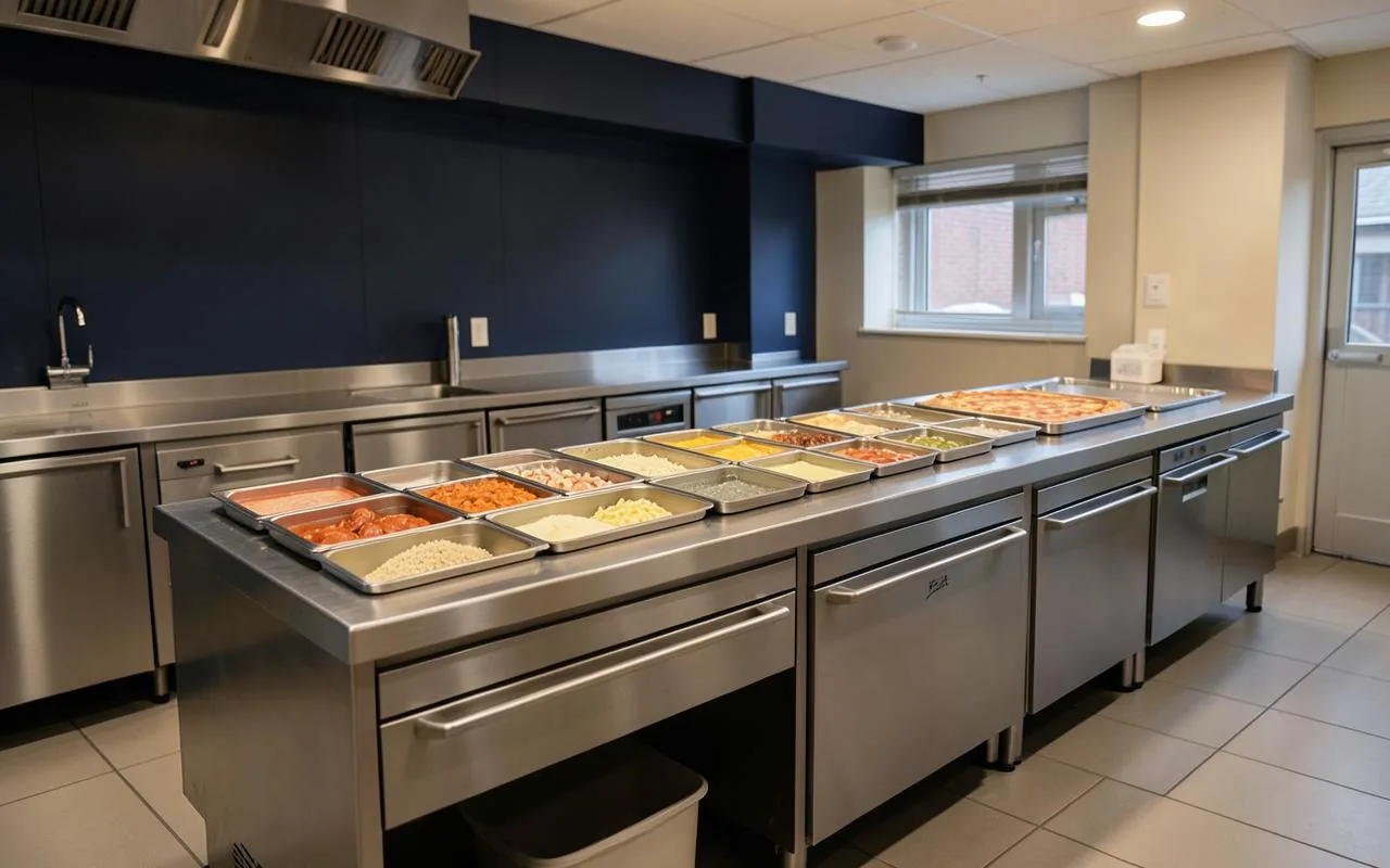 Commercial refrigerated pizza prep table in a restaurant kitchen