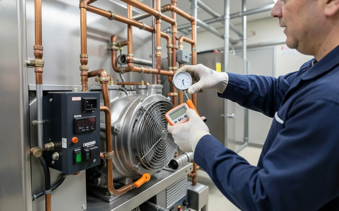 Technician checking a commercial refrigeration condensing unit