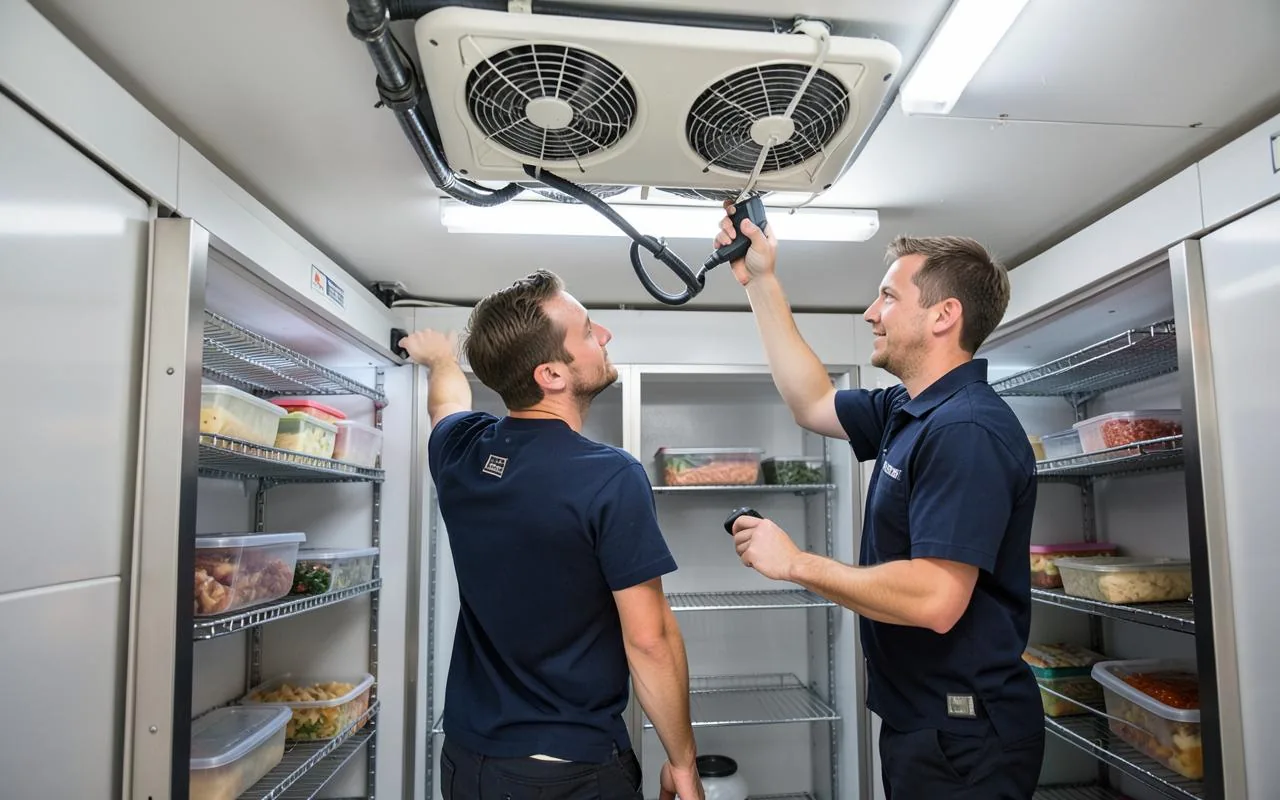 Commercial walk-in cooler evaporator service in a restaurant kitchen