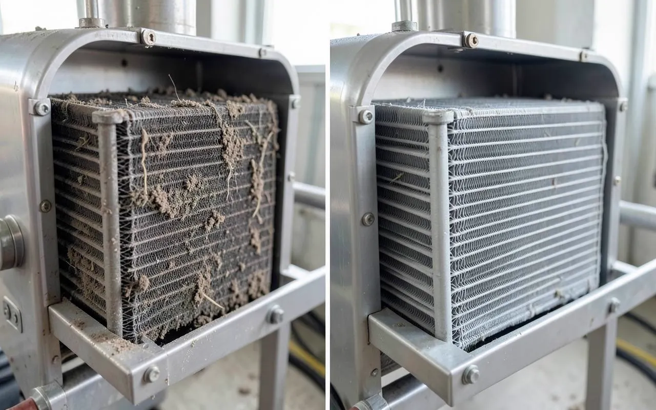 Commercial refrigeration condenser coil before and after cleaning