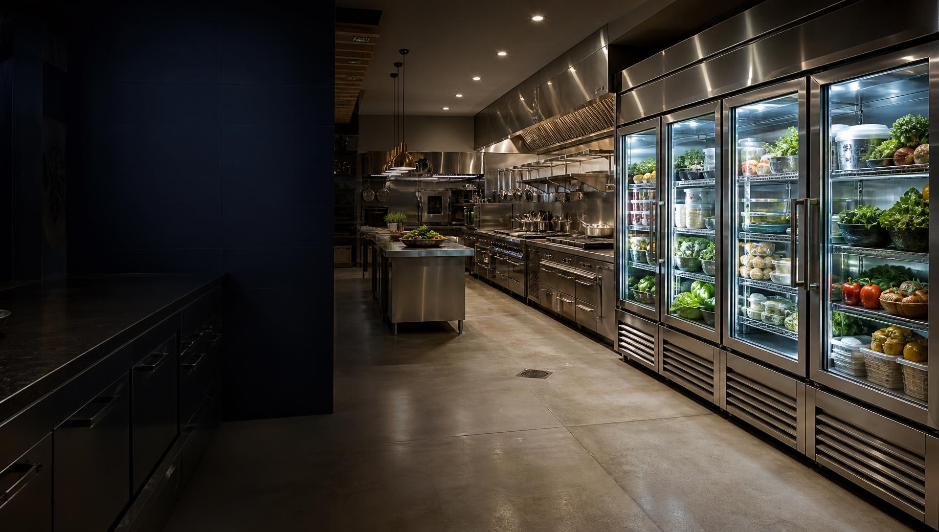 Glass-door commercial refrigerators in a modern professional restaurant kitchen