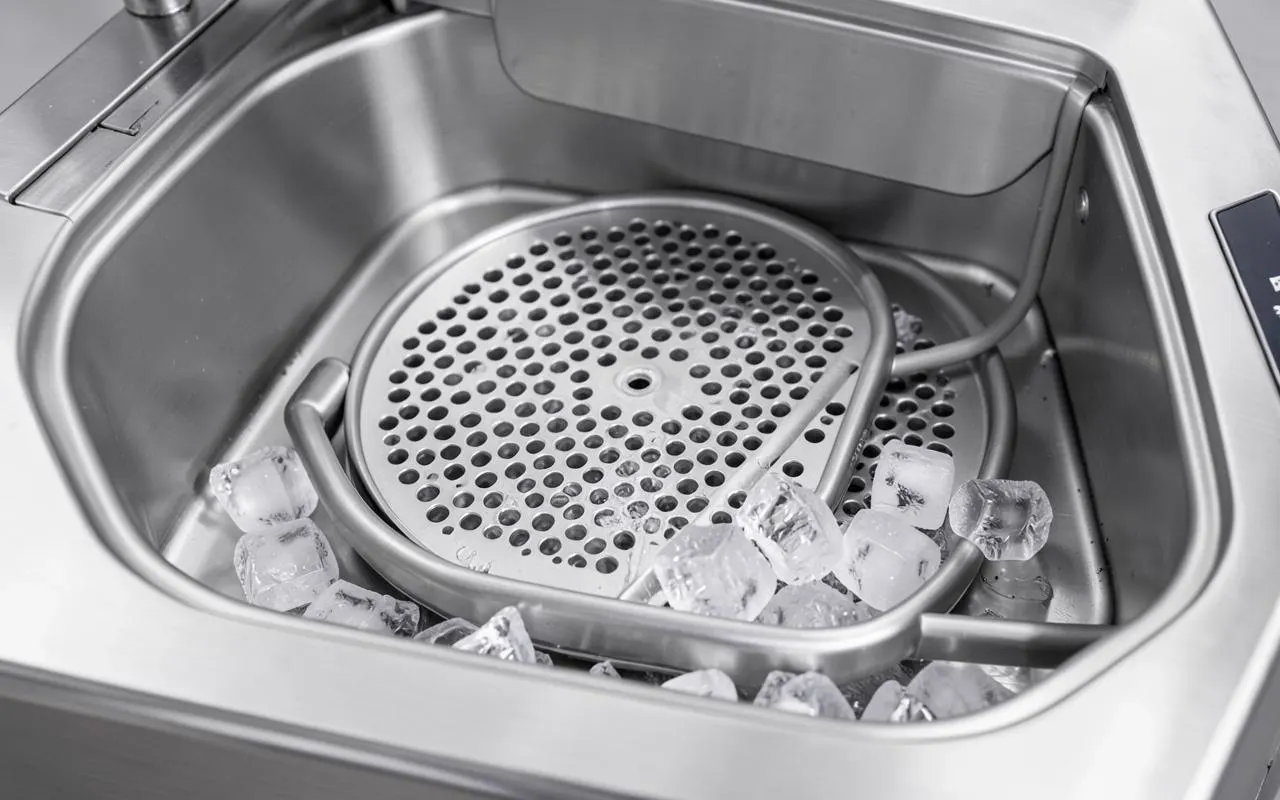 Interior of a commercial ice machine showing the evaporator and cube ice