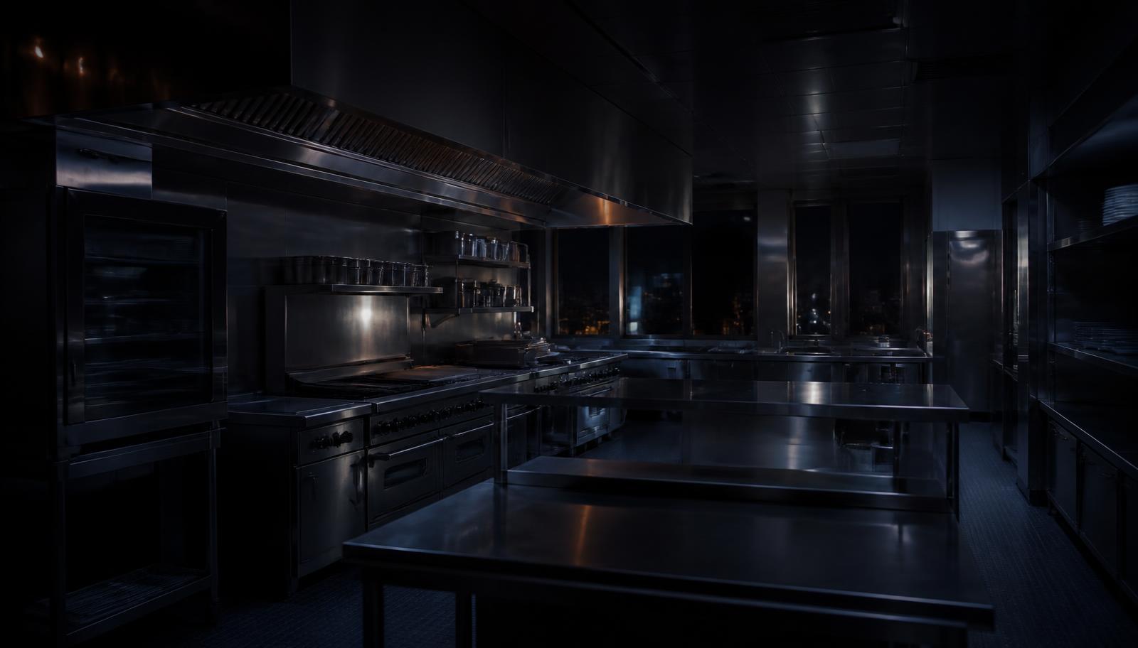 Commercial kitchen equipment line at night