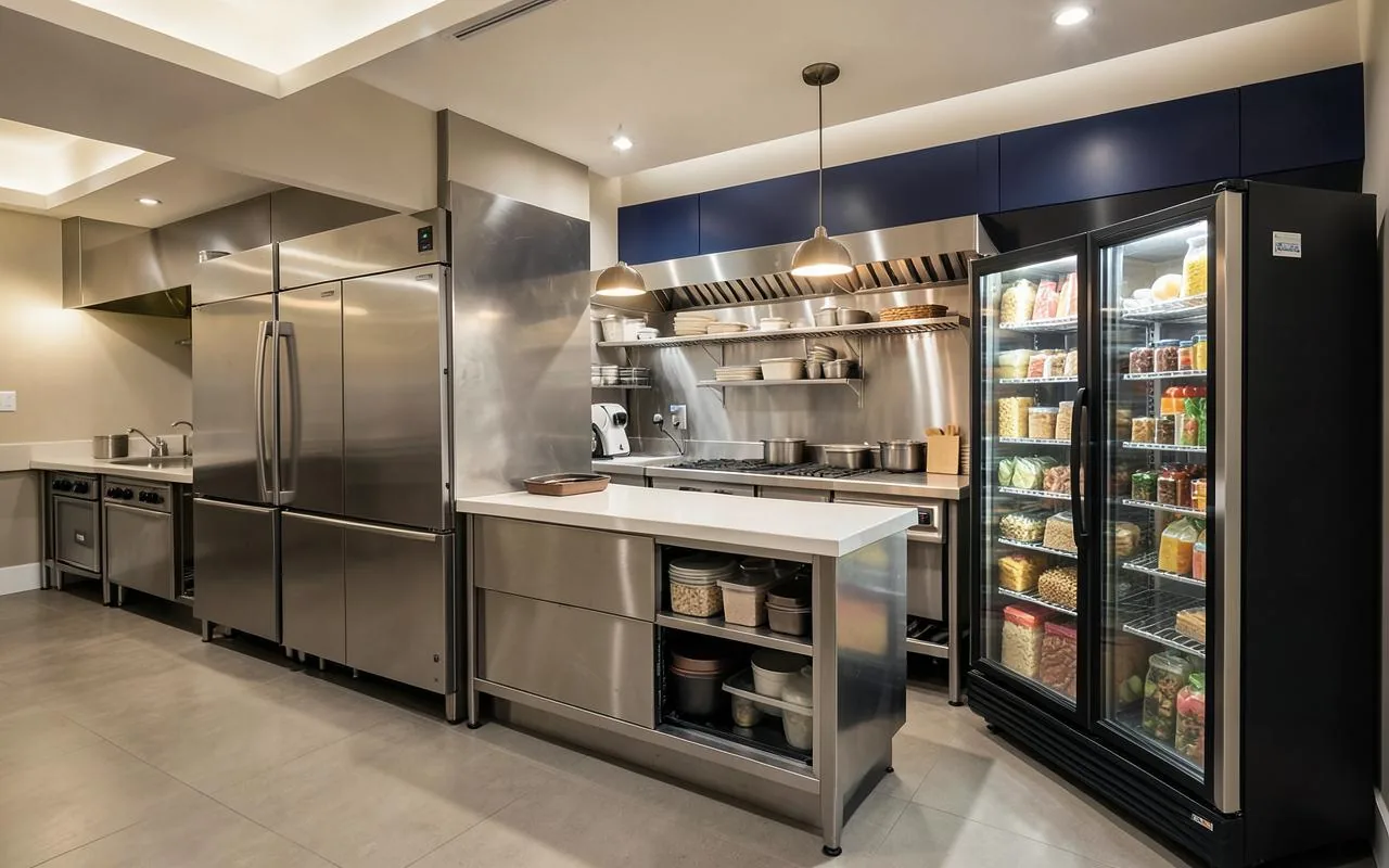 Stainless-steel reach-in refrigeration on a commercial restaurant kitchen line
