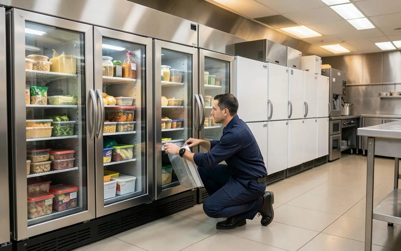 Technician servicing commercial reach-in refrigerators in a restaurant kitchen