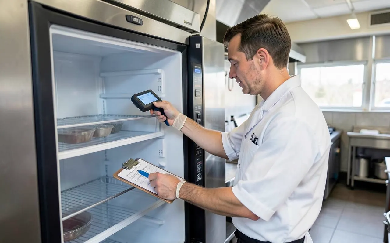 Technician performing a temperature check on a commercial refrigerator