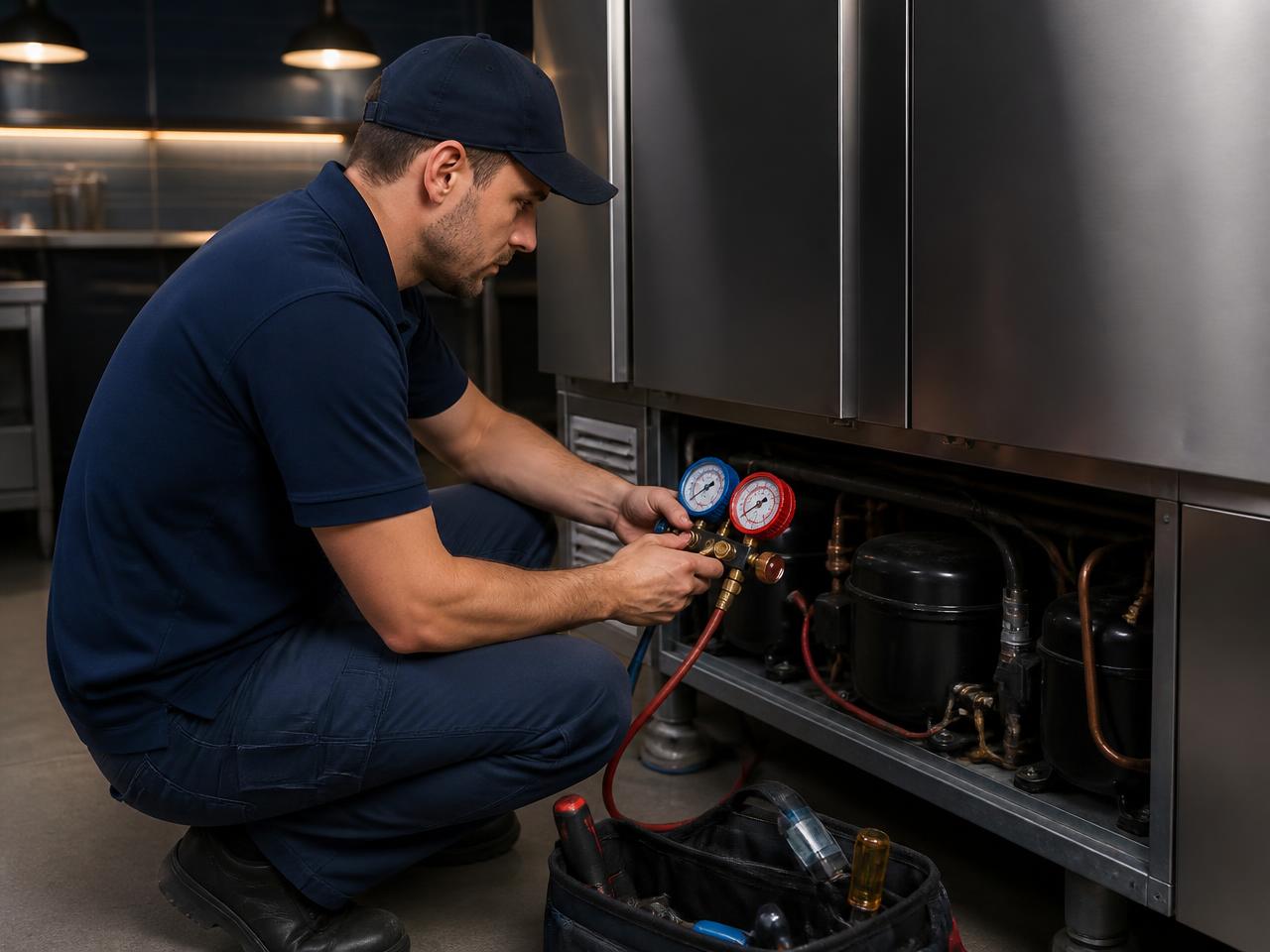 Technician servicing a commercial refrigeration compressor compartment
