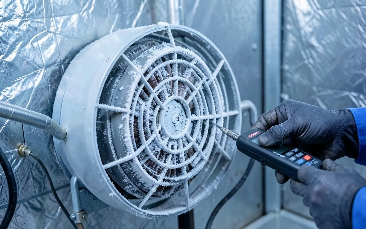 Frost buildup on a commercial walk-in freezer evaporator fan
