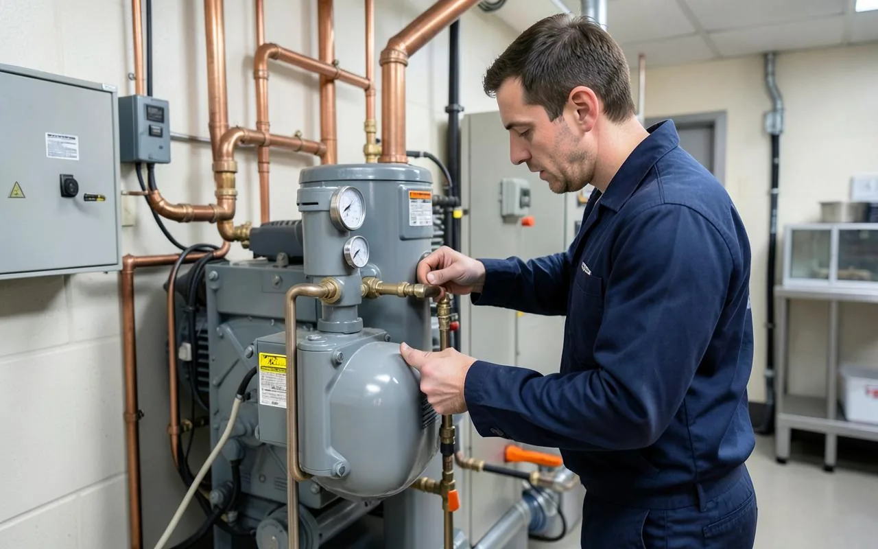 Technician diagnosing a commercial walk-in freezer refrigeration system